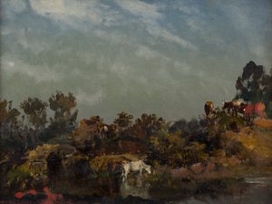Landschap met koeien bij een rivier