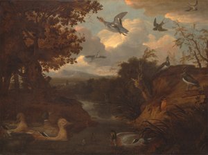 Eenden en andere vogels bij een beekje in een Italianiserend landschap door Francis Barlow