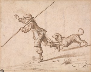 Man die Jaagt met een Puntige Staf en een Hond