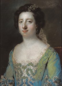 Portret van Mevrouw Bridget Gunning, halve lengte, in een blauwe gerimpelde jurk, 1758