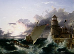Boot bij een Vuurtoren, een Storm die Wegtrekt door Francis Danby