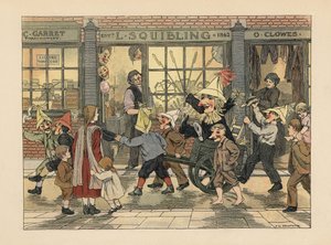 Vuurwerkwinkel - Victoriaanse kinderen trekken een Guy in een kar op Guy Fawkes-avond voor de vuurwerkwinkel van L. Squibling. Chromolithografie naar een illustratie van Francis Donkin Bedford uit The Book of Shops van Edward Verrall Lucas. door Francis Donkin Bedford