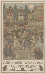Meisjes en jongens komen spelen (kleurenlitho) door Francis Donkin Bedford