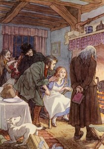 Illustratie voor De krekel op het haardvuur van Charles Dickens (kleurenlitho) door Francis Donkin Bedford