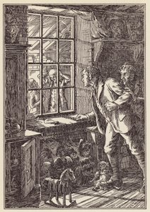 Illustratie voor De krekel op het haardvuur van Charles Dickens (kleurenlitho) door Francis Donkin Bedford