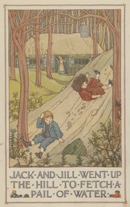 Jack en Jill gingen de heuvel op om een emmer water te halen (kleurenlitho) door Francis Donkin Bedford