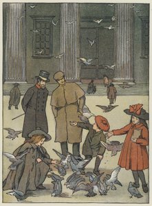 Londen: The Museum Pigeons (kleurenlitho) door Francis Donkin Bedford