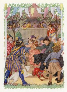 Vrolijk Engeland: De beer lokken (kleurenlitho) door Francis Donkin Bedford