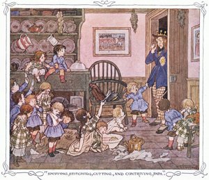 "Knippen, naaien, knippen en bedenken, Papa", uit The Magic Fishbone pub.by Warne  Co, c.1940 (kleurenlitho) door Francis Donkin Bedford