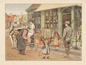 Victoriaanse familie bij Henry Hoop, de ijzerhandelaar in het dorp. Chromolithografie naar een illustratie van Francis Donkin Bedford uit The Book of Shops van Edward Verrall Lucas. door Francis Donkin Bedford