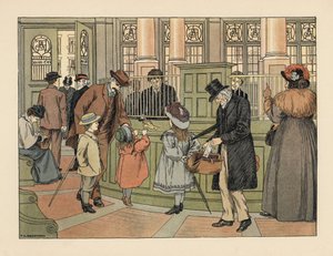 Victoriaanse familie bij een bank die geld opneemt bij een kassier met bankbiljetten. Chromolithografie naar een illustratie van Francis Donkin Bedford uit The Book of Shops van Edward Verrall Lucas. door Francis Donkin Bedford