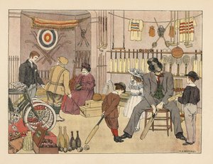 Victoriaanse vader en kinderen kopen cricketbatjes bij de sportwinkel. Golfer in plus fours met een winkelbediende. Chromolithografie naar een illustratie van Francis Donkin Bedford uit The Book of Shops van Edward Verrall Lucas.