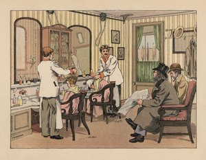 Victoriaanse heren die hun haar laten wassen en behandelen met een haarborstelmachine in een kapperszaak. Chromolithografie naar een illustratie van Francis Donkin Bedford uit The Book of Shops van Edward Verrall Lucas. door Francis Donkin Bedford