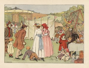 Victoriaanse jongeren bij een kokosnootschuwe, kinderen op schommels en draaimolen op een dorpskermis. Chromolithografie naar een illustratie van Francis Donkin Bedford uit The Book of Shops van Edward Verrall Lucas. door Francis Donkin Bedford
