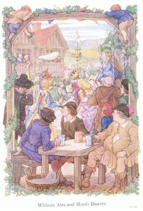 Pinksterbier en Morrisdansers (kleurenlitho) door Francis Donkin Bedford