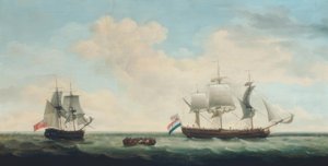 Een driemaster en een fregat op open zee