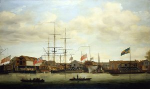 Een kleine scheepswerf aan de Theems, Engeland, met twee boten in aanbouw