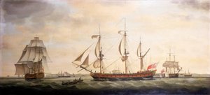 Drie uitzichten van het Indiaman-schip 