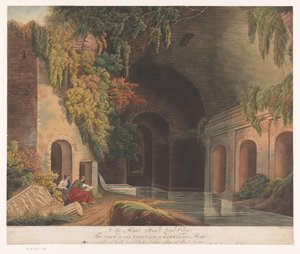 Twee tekenaars bij het Nymphaeum van Egeria in het Caffarella Park bij Rome