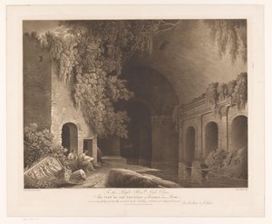 Twee tekenaars bij het Nymphaeum van Egeria in het Caffarella Park bij Rome door Francis Jukes