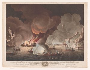 Vernietigen van schepen voor Gibraltar, 14 september 1782 door Francis Jukes