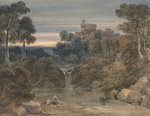 Landschap met kasteel, waterval en stroom op de voorgrond door Francis Oliver Finch