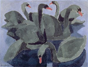 Zwarte zwanen op een blauwe achtergrond, c.1909 (olieverf op doek)