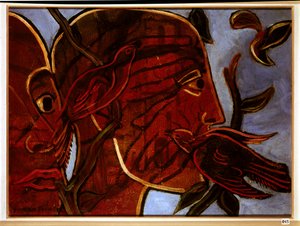 Transparant. Mannengezicht met vogels, 20e eeuw (schilderij)