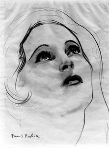 Vrouwengezicht met opgeheven ogen, door Francis Picabia (1879-1953); grafietpotlood en aquarel op papier. door Francis Picabia