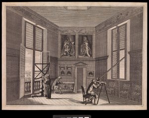 Drie figuren die astronomische apparatuur gebruiken in de Grote Sterrenkamer of de Octagonkamer, zoals het vandaag bekend is, in het Koninklijk Observatorium, ca. 1676 door Francis Place