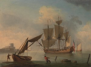 Een Engelse sloep kalm bij de kust