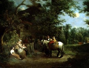 Plattelandsmensen buiten een rustieke taverne