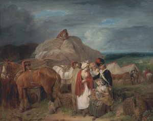 Soldaat met Plattelandsvrouwen die Linten Verkopen, nabij een Militair Kamp door Francis Wheatley