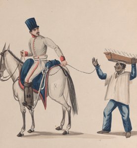 Een soldaat te paard die een touw vasthoudt dat een inheemse slaaf beveiligt die een bord balanceert, ca. 184 door Francisco