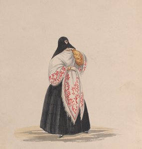 Een elegant geklede vrouw, uit een groep tekeningen die Peruaanse kostuums uitbeelden, ca. 1848
