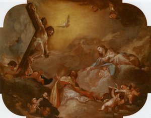 De heilige Augustinus en de Maagd die de gekruisigde Christus aanbidt