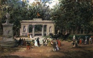 De poort van de botanische tuinen in Madrid vanaf het Prado Museum