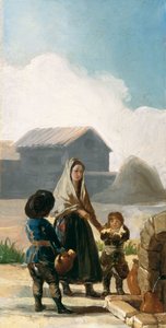 Een vrouw en twee kinderen bij een fontein