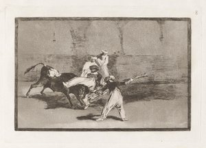 Cogida de un moro estando en la plaza (Een Moor Gevangen door de Stier in de Ring), Plaat 8 uit La tauromaquia door Francisco de Goya