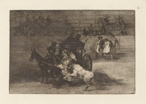 Gevecht in een koets met twee muilezels, Plaat G uit La tauromaquia (derde editie) door Francisco de Goya