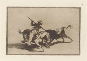 De moedige Moor Gazul is de eerste die stieren volgens de regels speert, Plaat 5 uit La tauromaquia door Francisco de Goya