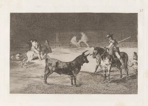 De beroemde picador, Fernando del Toro, lokt het woeste beest met zijn piek, Plaat 27 uit La tauromaquia door Francisco de Goya