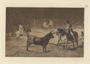 El célebre Fernando del Toro, barilarguero, obligando a la fiera con su garrocha (De Beroemde Picador, Fernando del Toro, Lokt het Woeste Beest met zijn Piek), Plaat 27 uit La tauromaquia door Francisco de Goya