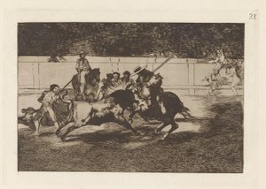 El esforzado Rendon die een stier steekt, van welke pas hij stierf in de arena van Madrid, Plaat 28 uit La tauromaquia door Francisco de Goya