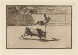 Ligereza y atrevimiento de Juanito Apiñani en de Madrid (De behendigheid en durf van Juanito Apinani in [de ring] in Madrid), Plaat 20 van La tauromaquia door Francisco de Goya