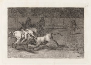 Mariano Ceballos, alias el Indio, mata el toro desde su caballo (Mariano Ceballos, Alias de Indiaan, Doodt de Stier vanaf zijn Paard), Plaat 23 uit La tauromaquia door Francisco de Goya
