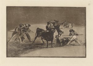 De Moren gebruiken ezels als barrière om zichzelf te verdedigen tegen de stier waarvan de hoorns zijn voorzien van ballen, Plaat 17 uit La tauromaquia door Francisco de Goya