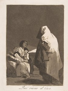 Plaat 3 uit Los Caprichos: Hier komt de boeman Que viene el Coco, 1799 door Francisco de Goya