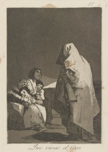 Que viene el loco. (Hier komt de boeman.), pl. 3 uit de serie Los caprichos door Francisco de Goya