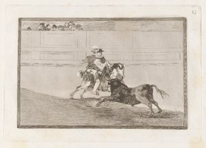 Een Spaanse ridder in de ring die korte speren breekt zonder de hulp van assistenten, Plaat 13 uit La tauromaquia door Francisco de Goya